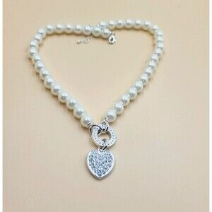 NVC Signed Necklace Faux Pearl Beads Heart Ring Single Strand Costume Jewelry